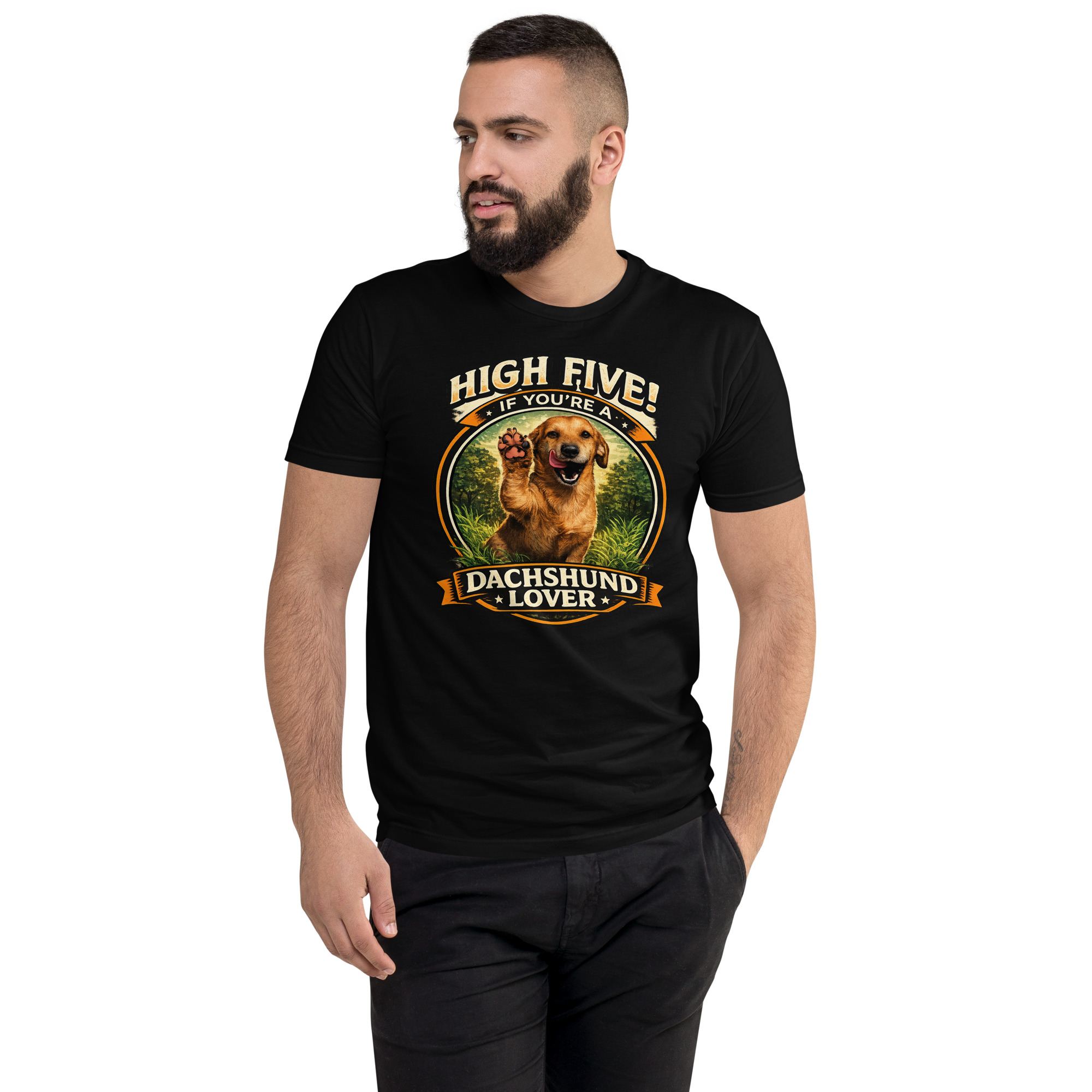 Men's High Five if You're a Dachshund Lover Short Sleeve T-shirt ft Makoa the Wiener Dog - Image 13