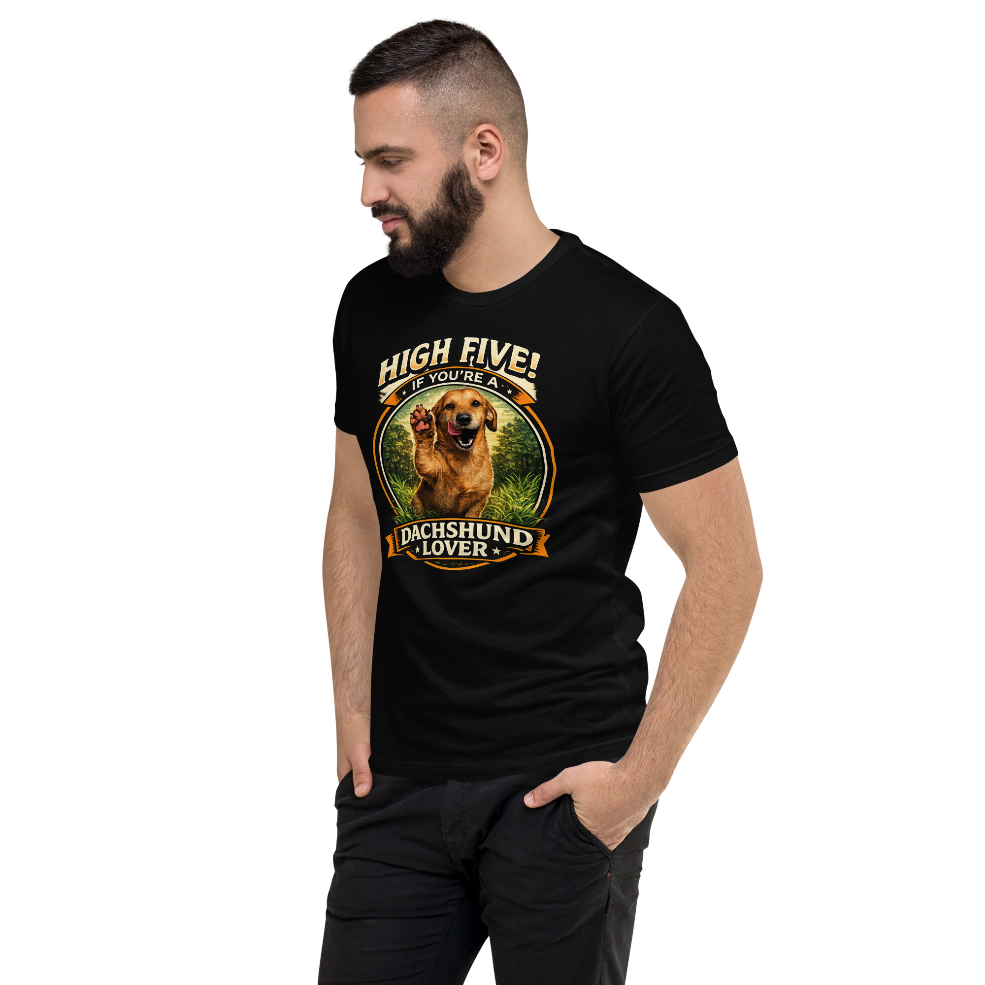 Men's High Five if You're a Dachshund Lover Short Sleeve T-shirt ft Makoa the Wiener Dog - Image 25