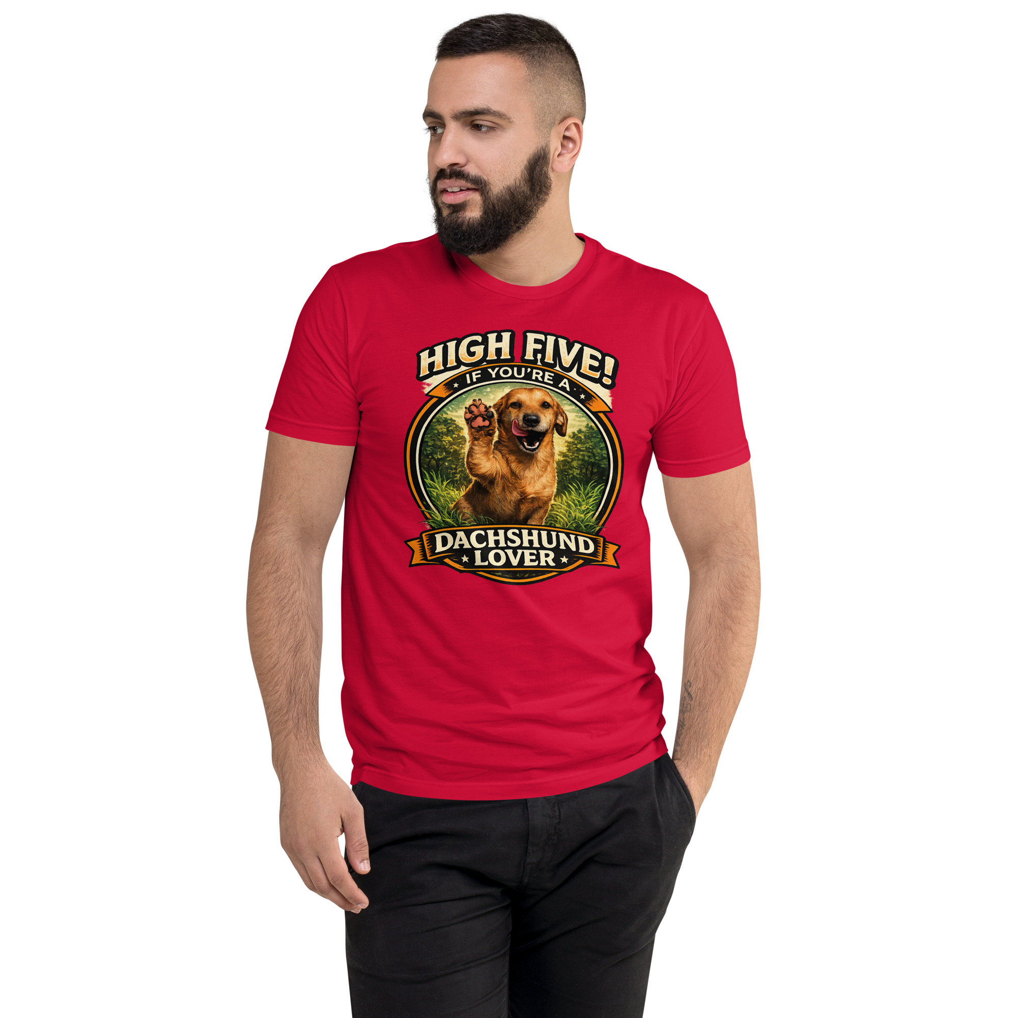 Men's High Five if You're a Dachshund Lover Short Sleeve T-shirt ft Makoa the Wiener Dog - Image 15