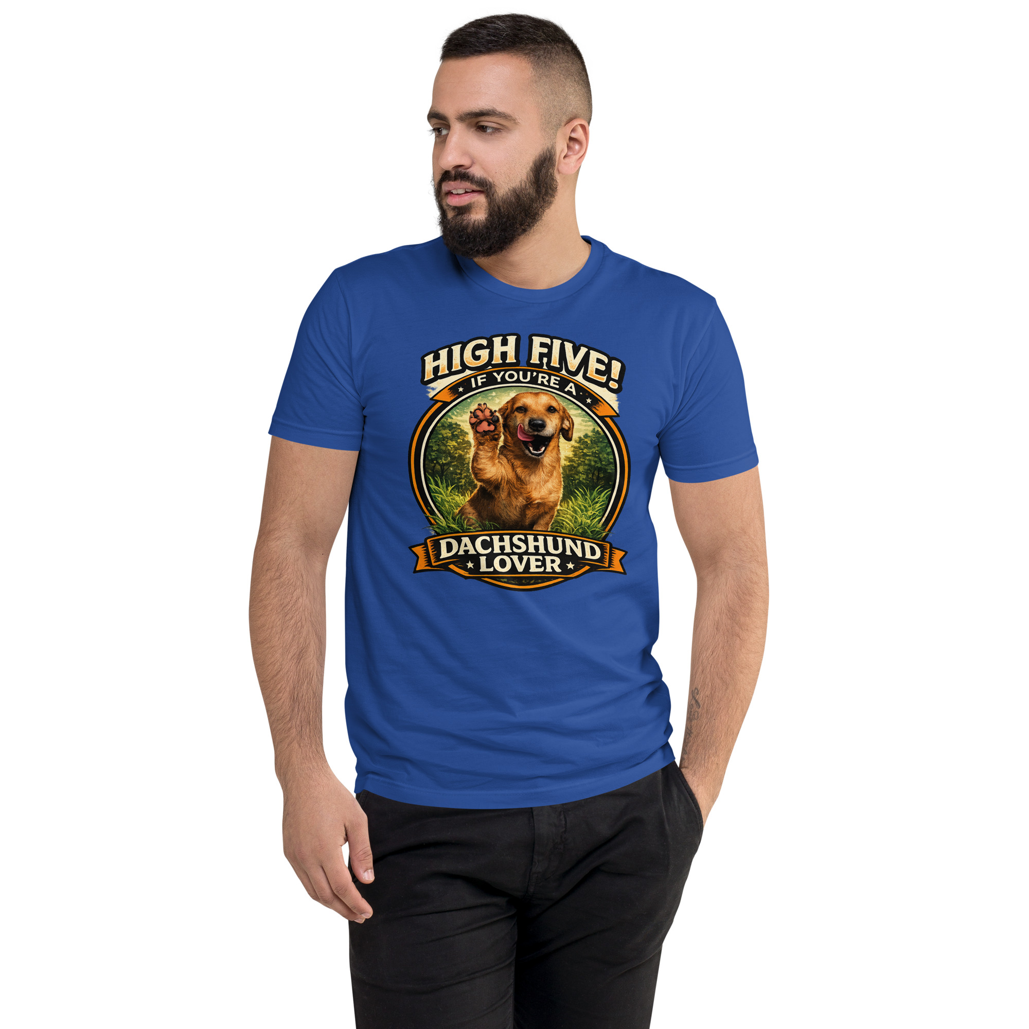 Men's High Five if You're a Dachshund Lover Short Sleeve T-shirt ft Makoa the Wiener Dog - Image 16