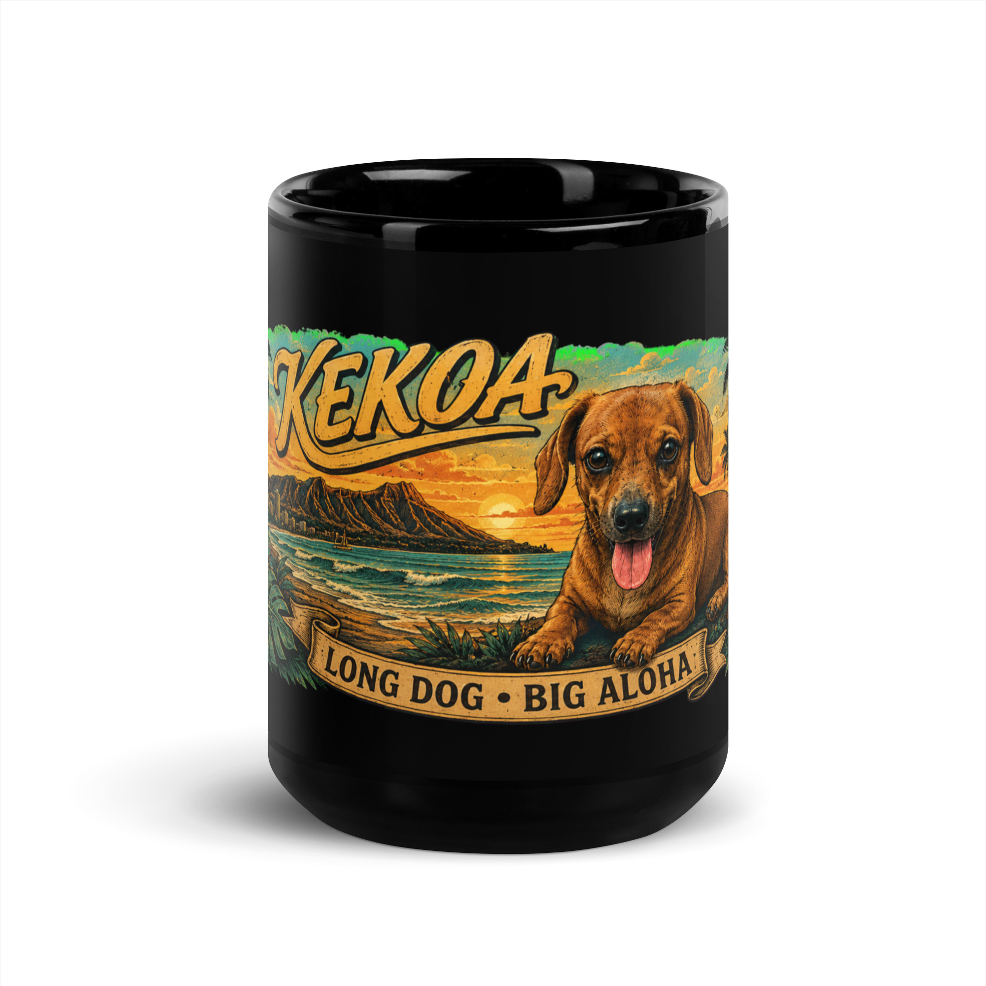 Hawaiian Theme Black Glossy Mug ft Kekoa the Wiener Dog