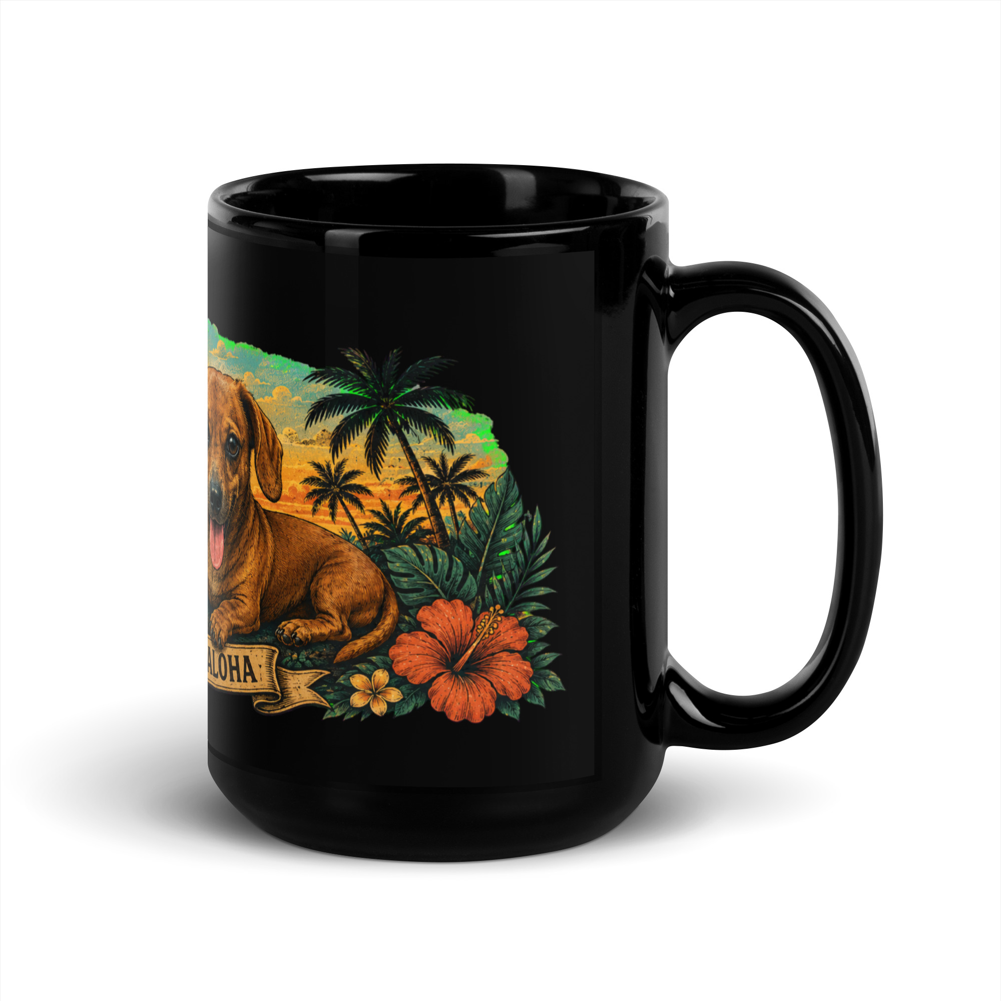 Hawaiian Theme Black Glossy Mug ft Kekoa the Wiener Dog - Image 2