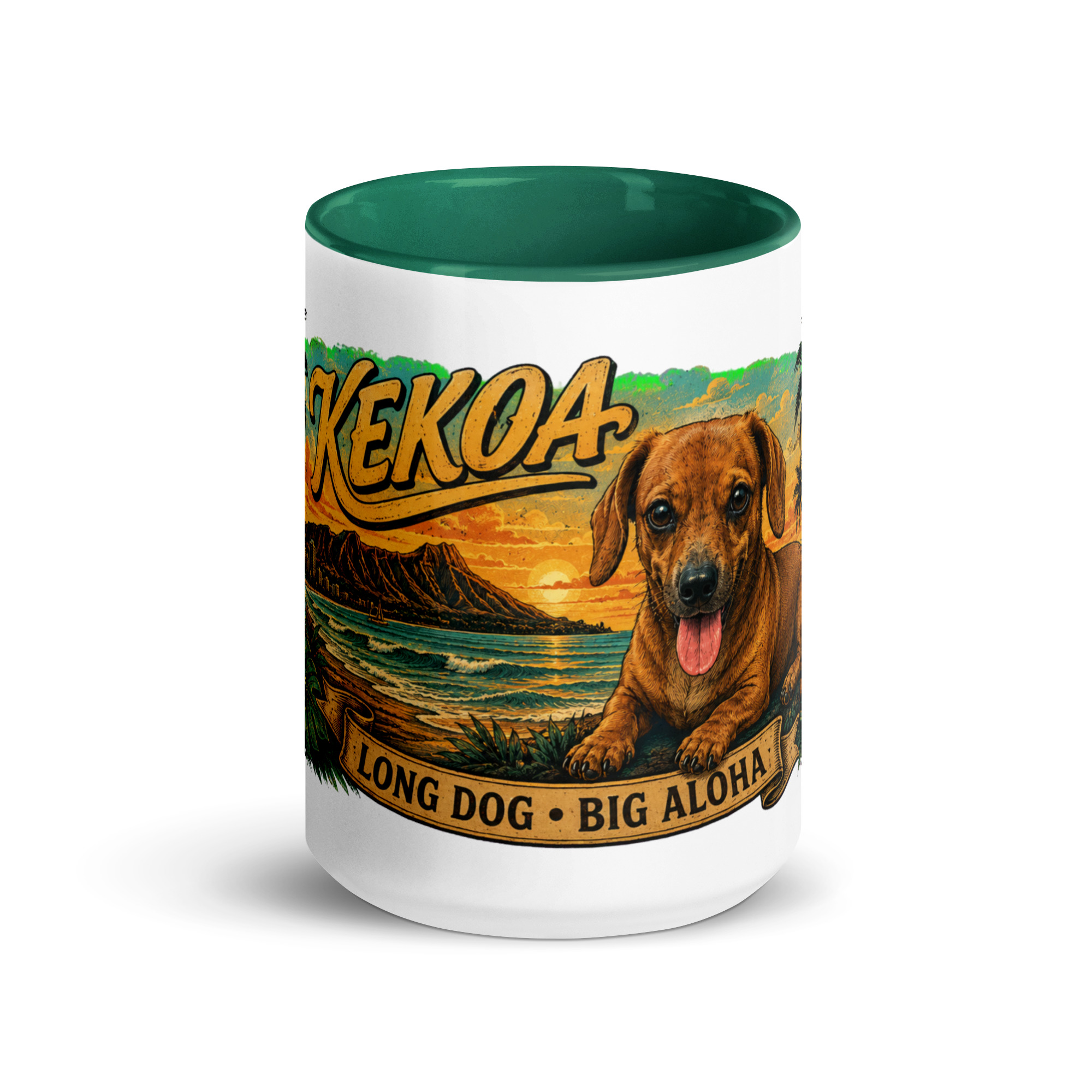 Hawaiian Theme Mug with Color Inside ft Kekoa the Wiener Dog