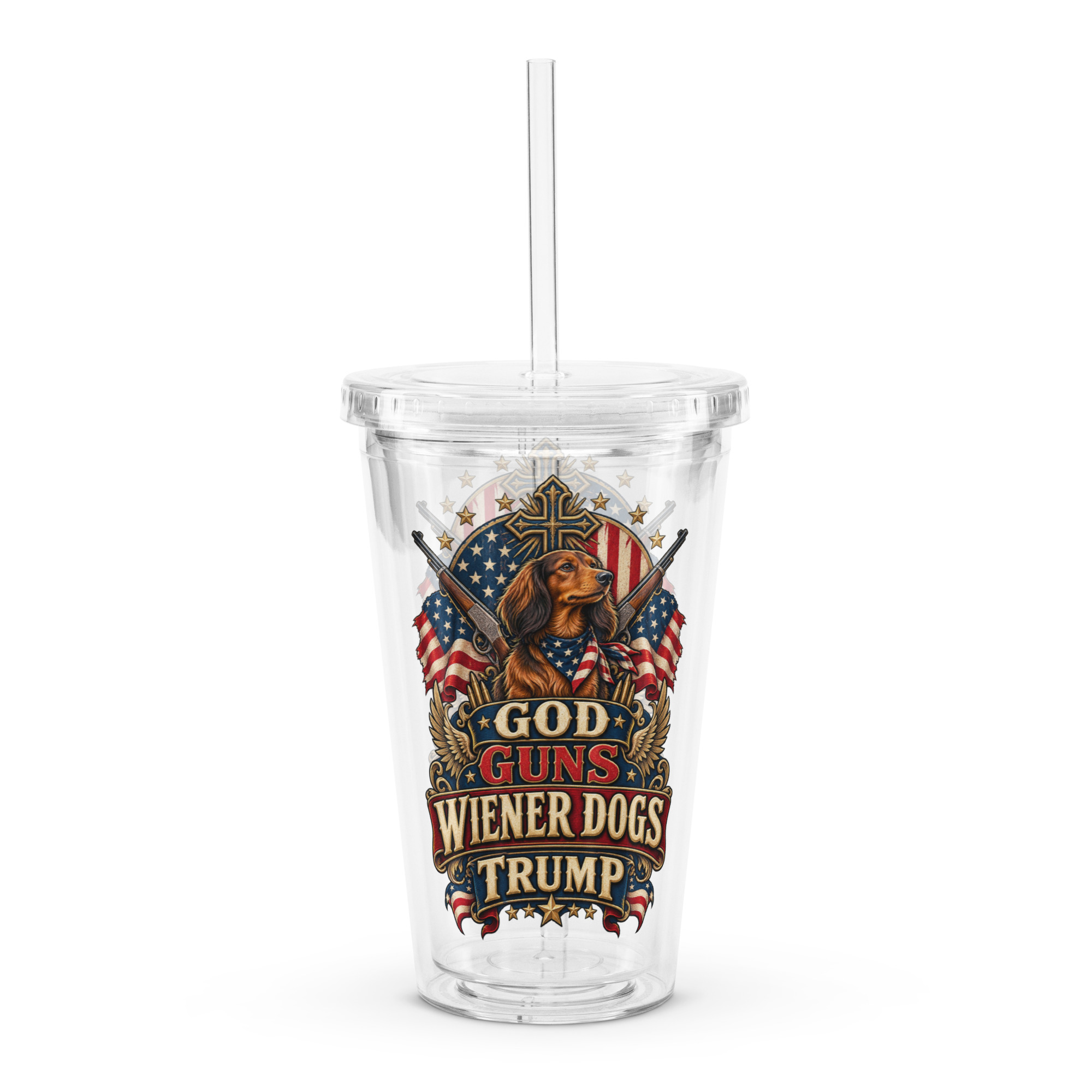 God Guns Wiener Dogs Trump Clear plastic tumbler - Image 5