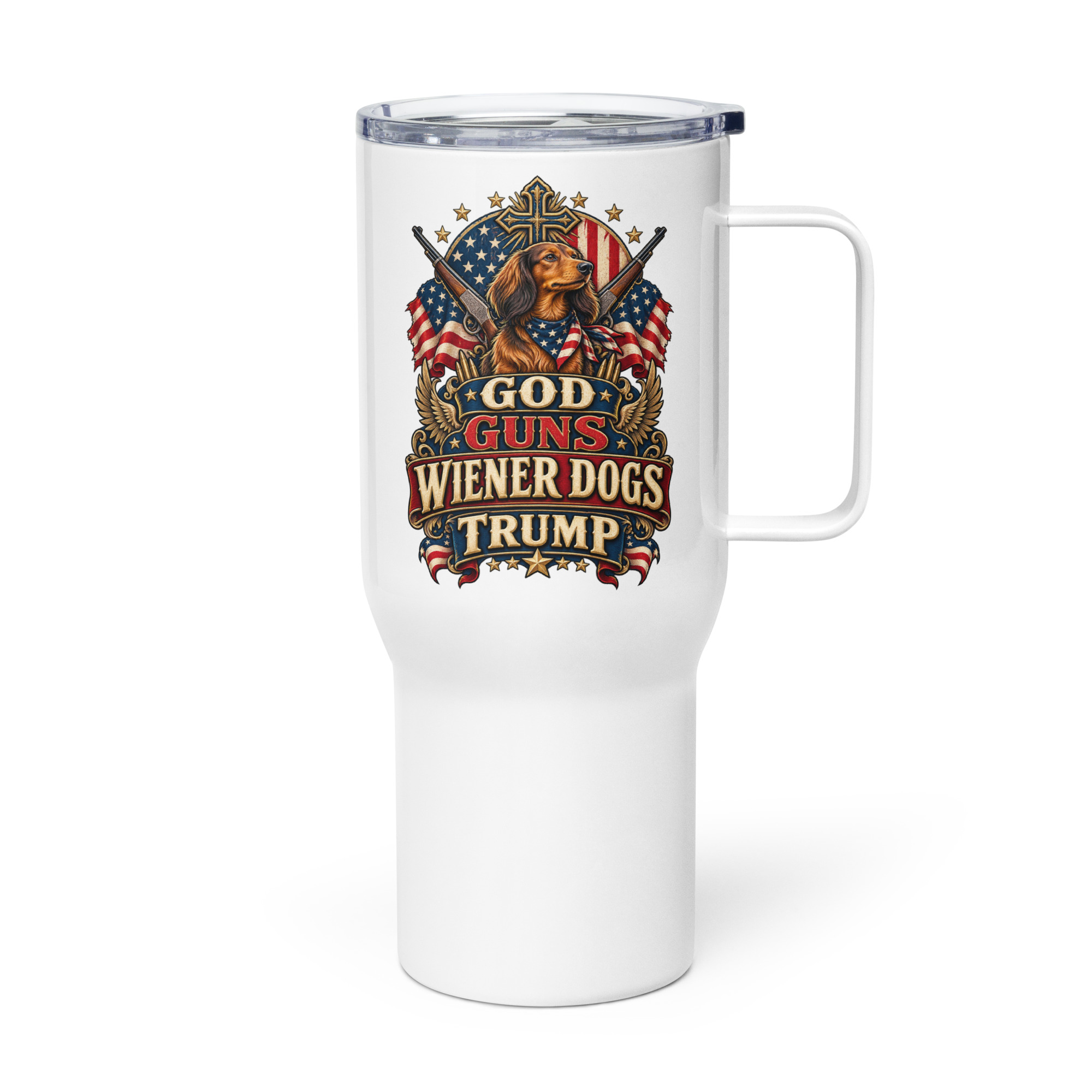 God Guns Wiener Dogs Trump Travel mug with a handle - Image 3