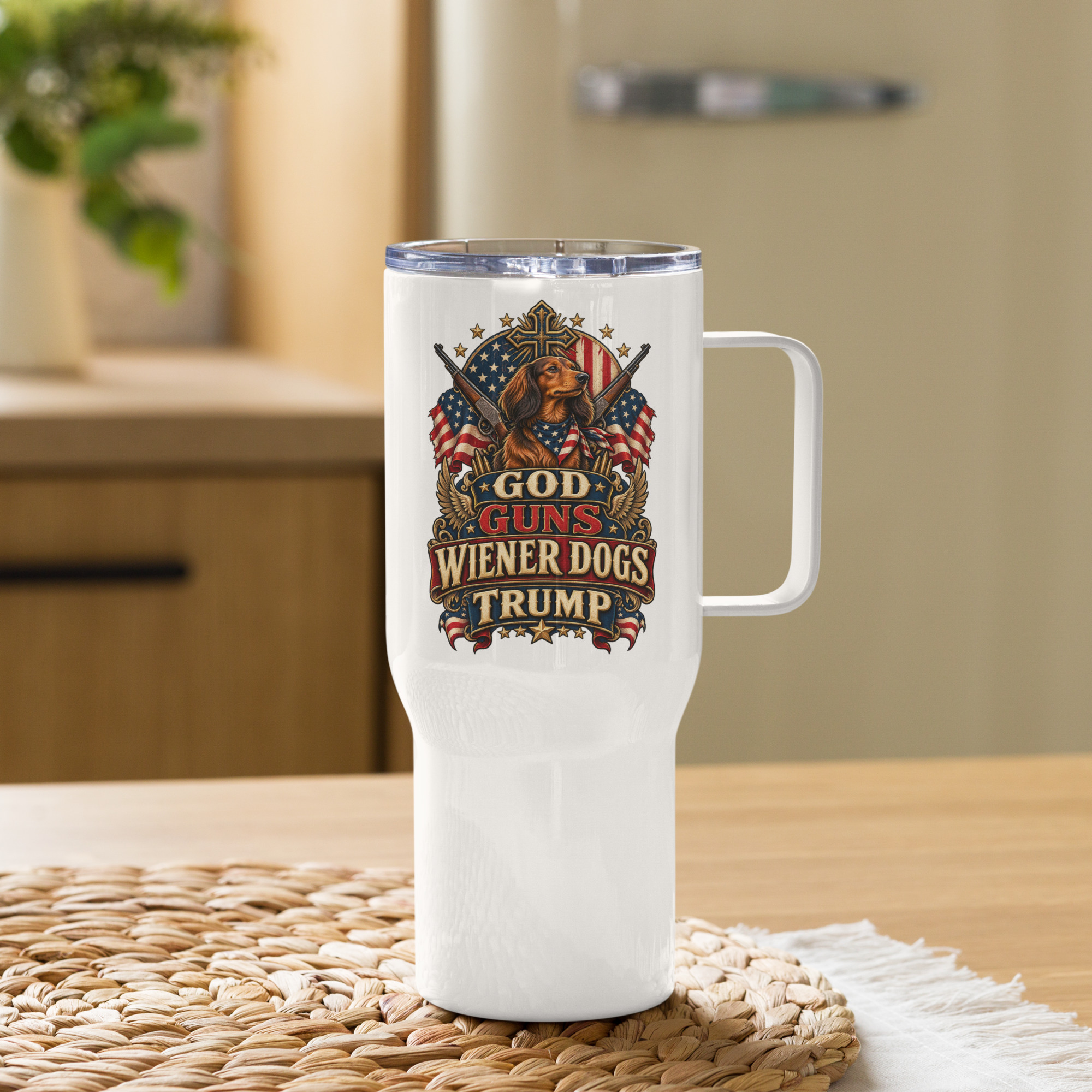 God Guns Wiener Dogs Trump Travel mug with a handle - Image 10