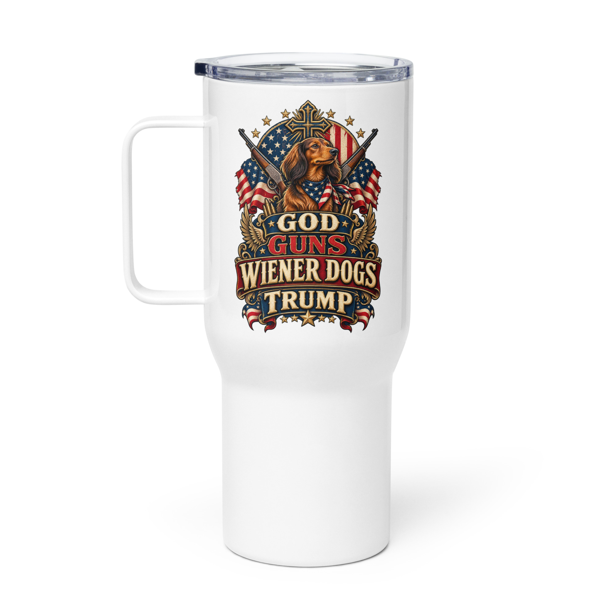 God Guns Wiener Dogs Trump Travel mug with a handle - Image 4