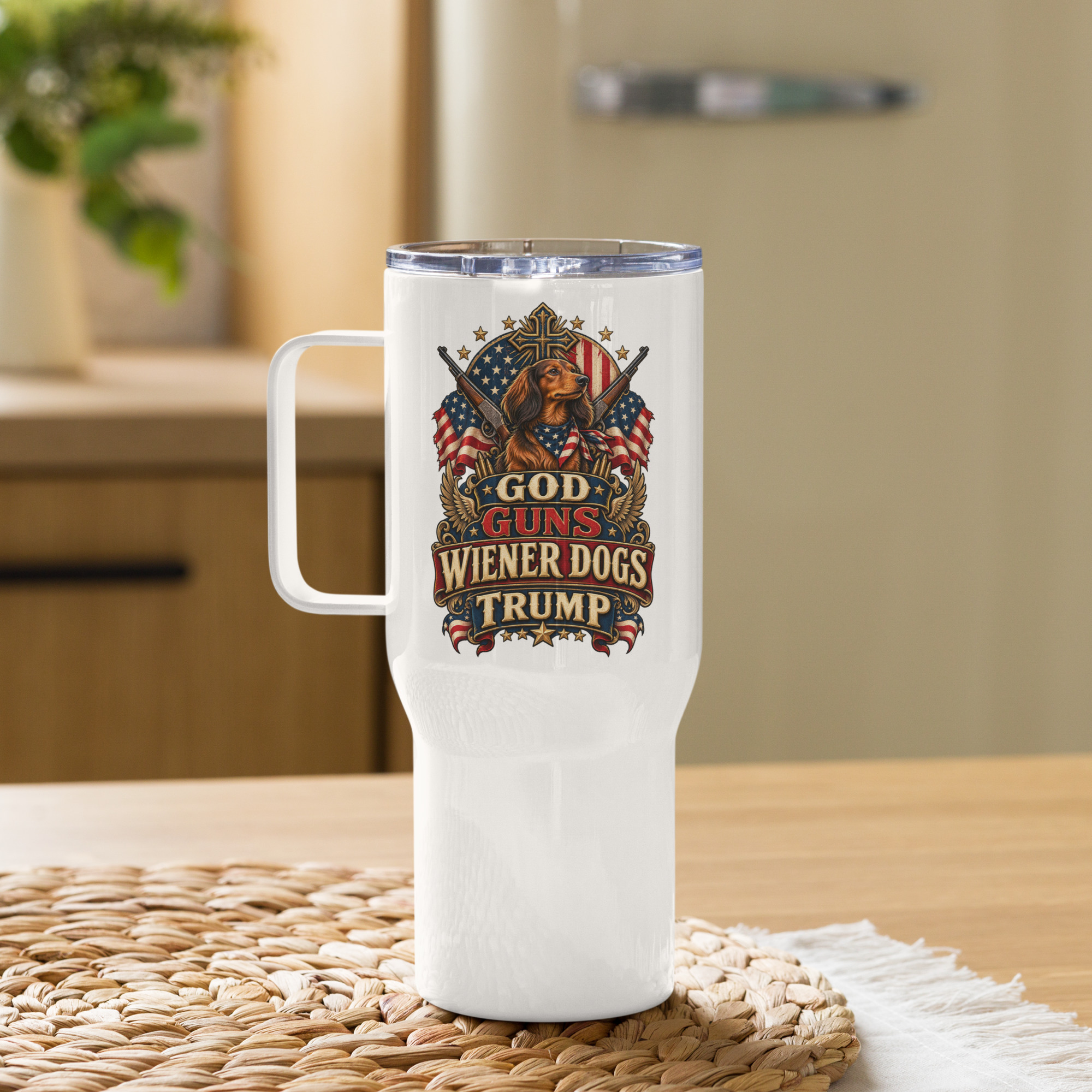God Guns Wiener Dogs Trump Travel mug with a handle - Image 9