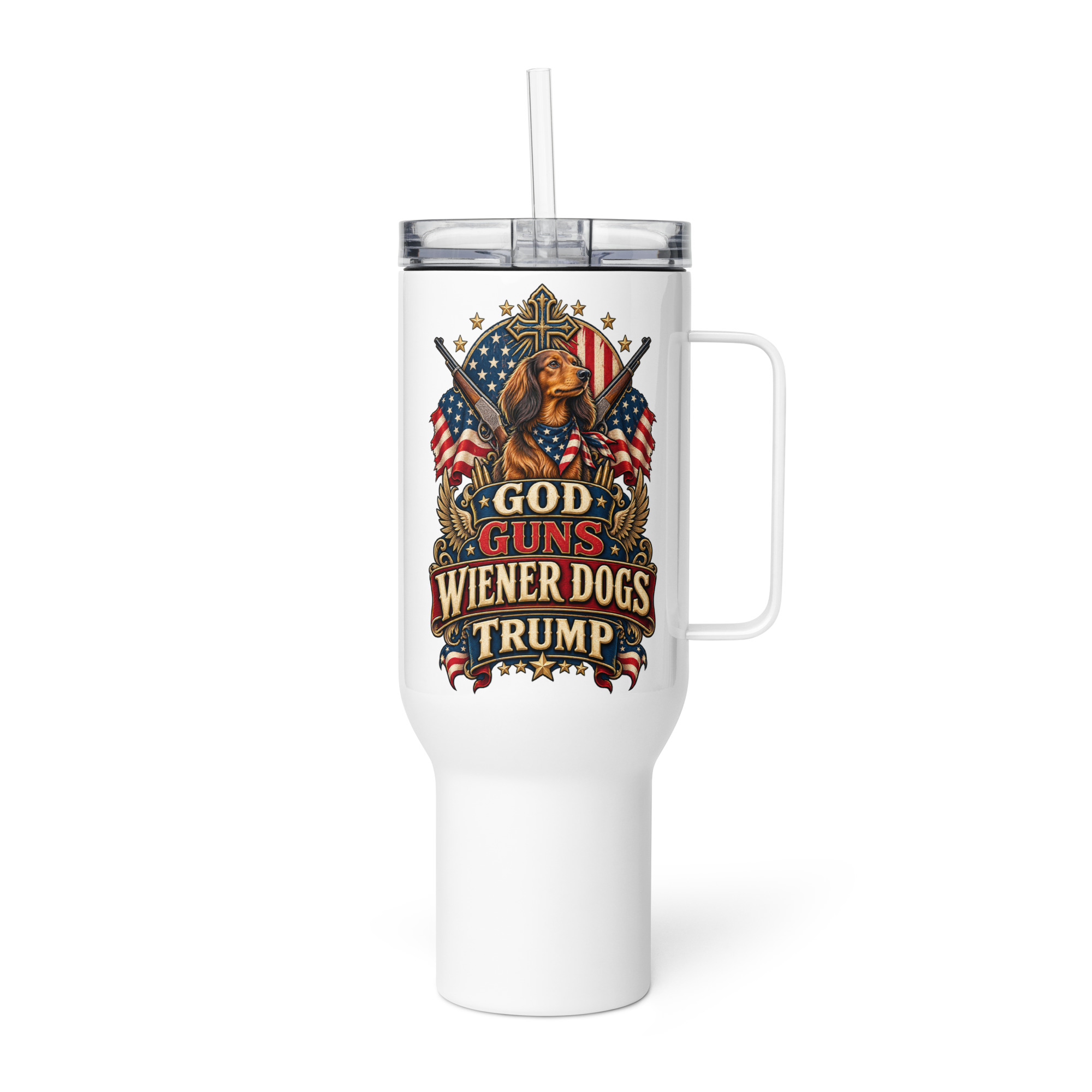 God Guns Wiener Dogs Trump Travel mug with a handle - Image 6