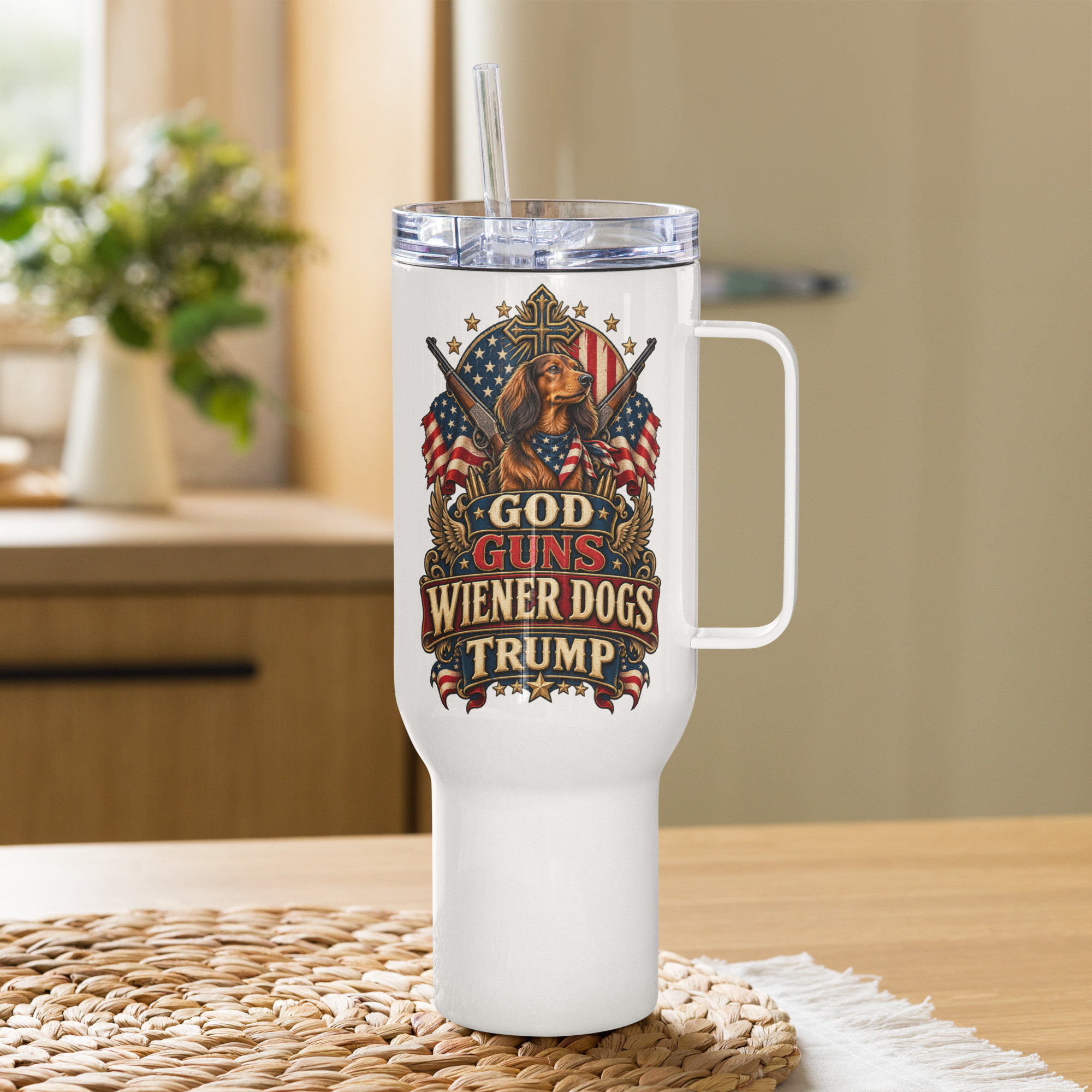 God Guns Wiener Dogs Trump Travel mug with a handle - Image 12