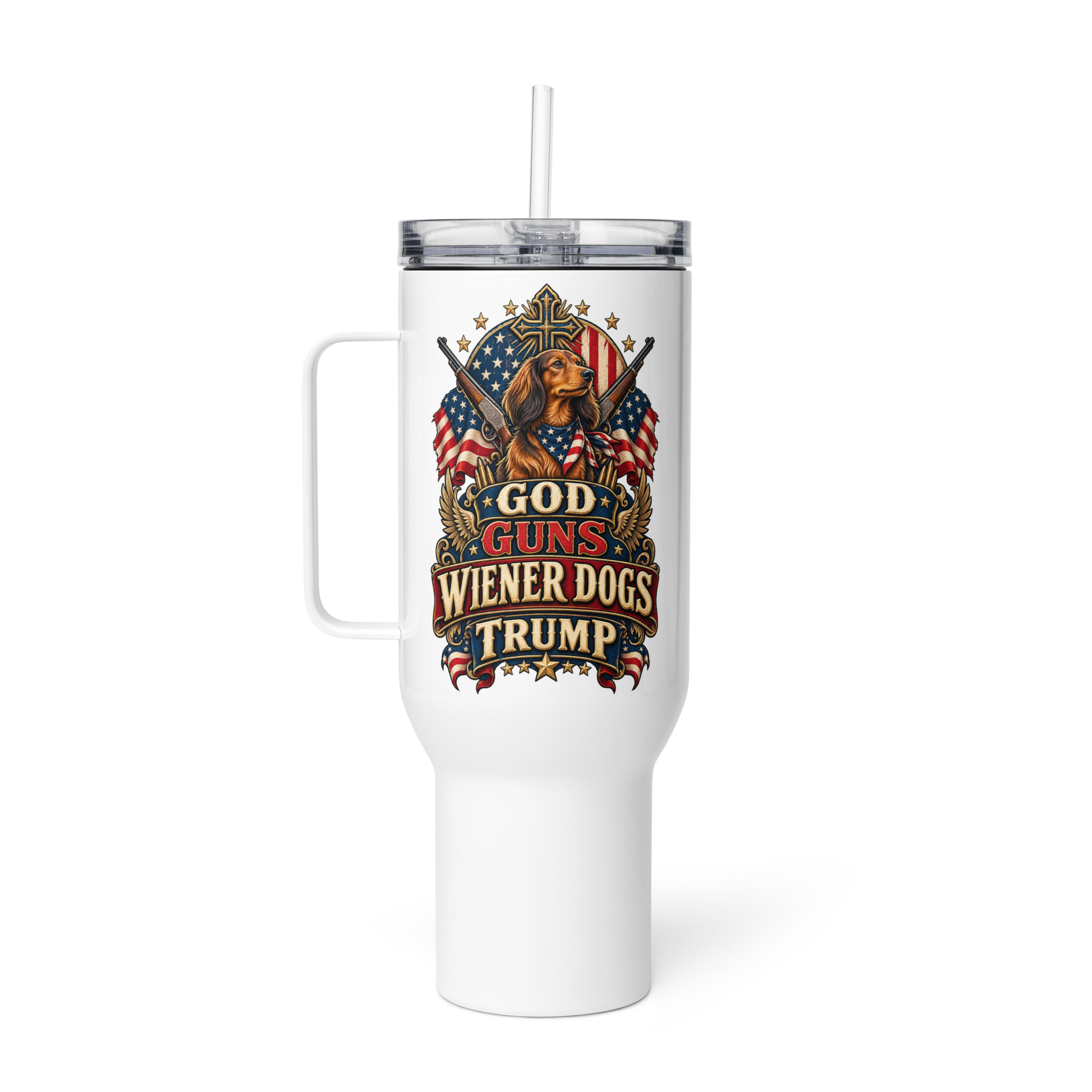 God Guns Wiener Dogs Trump Travel mug with a handle - Image 7
