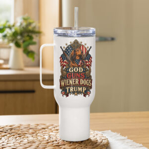 God Guns Wiener Dogs Trump Travel mug with a handle