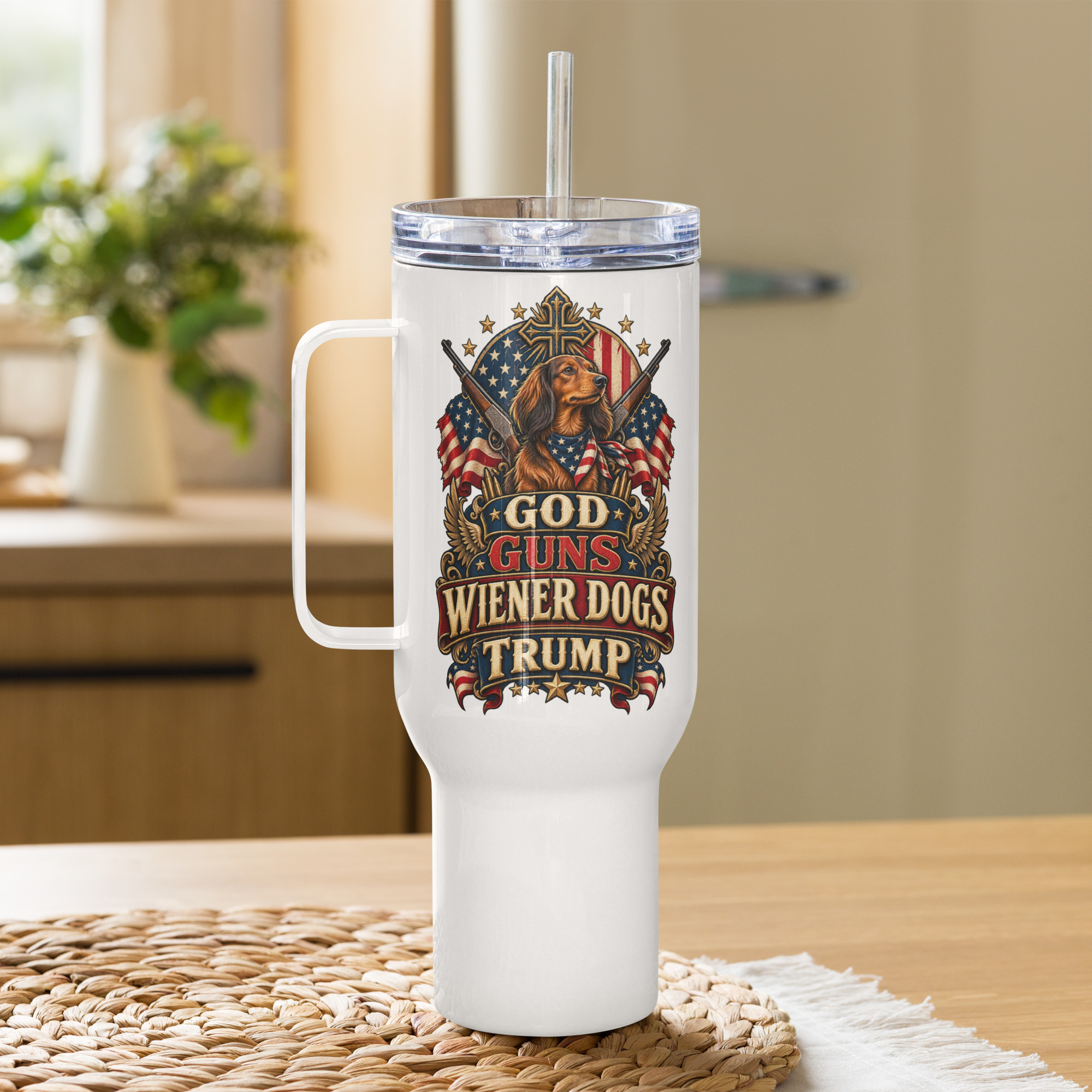 God Guns Wiener Dogs Trump Travel mug with a handle