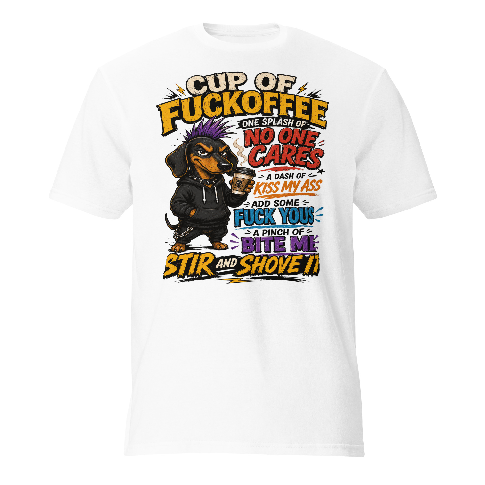 Cup of Fuckoffee Dachshund T-Shirt – Funny Sarcastic Coffee & Wiener Dog Graphic Tee - Image 3