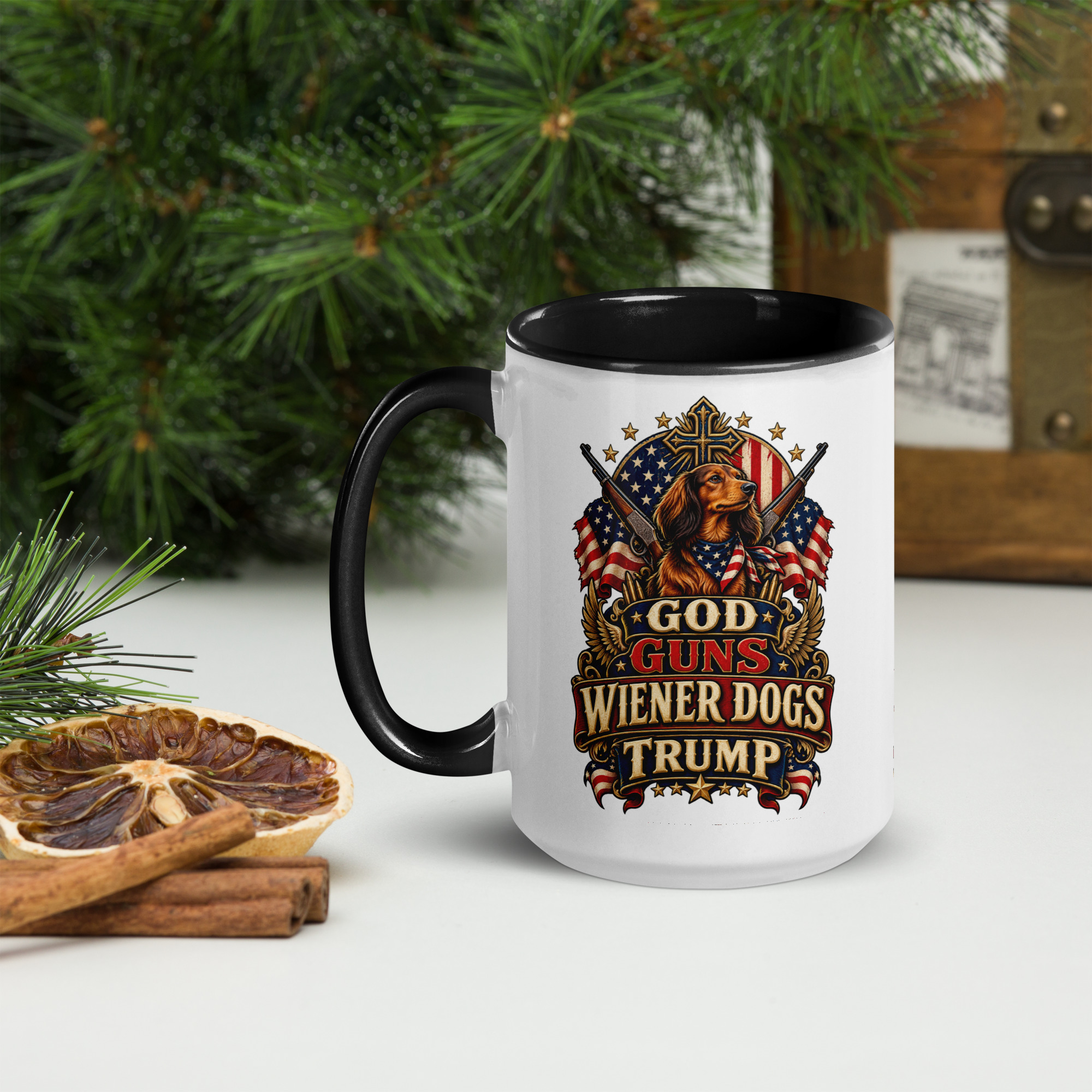 God Guns Wiener Dogs Trump Coffee Mug with Color Inside